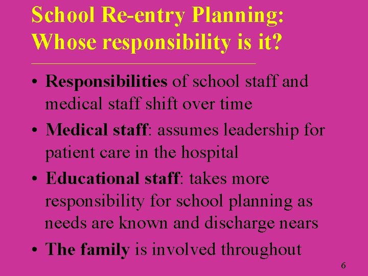 School Re-entry Planning: Whose responsibility is it? ____________________________ • Responsibilities of school staff and