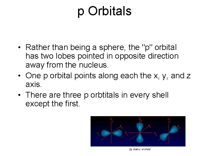 p Orbitals • Rather than being a sphere, the "p" orbital has two lobes