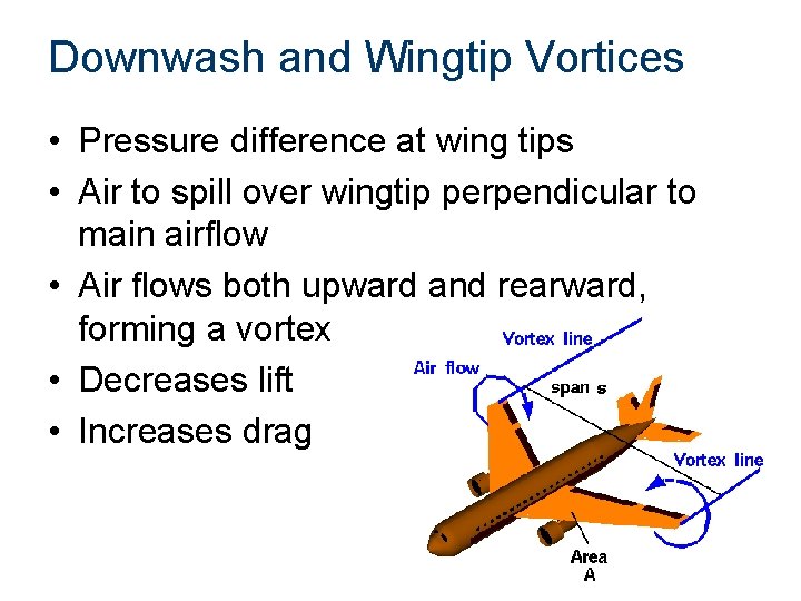 Downwash and Wingtip Vortices • Pressure difference at wing tips • Air to spill