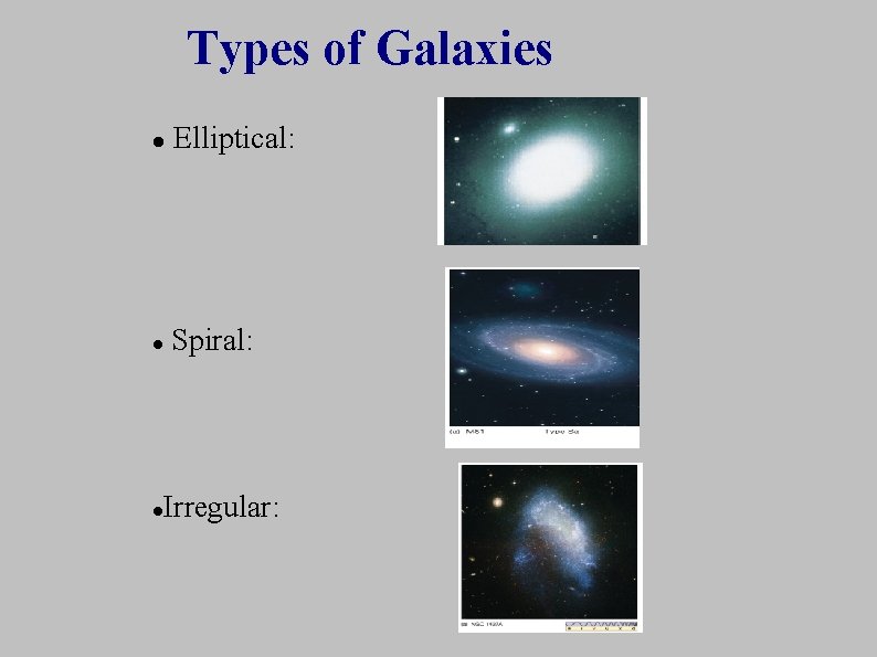 Types of Galaxies Elliptical: Spiral: Irregular: 