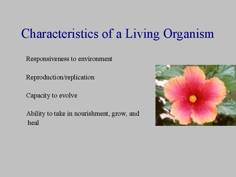 Characteristics of a Living Organism Responsiveness to environment Reproduction/replication Capacity to evolve Ability to