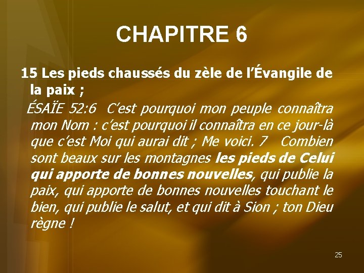CHAPITRE 6 15 Les pieds chaussés du zèle de l’Évangile de la paix ;