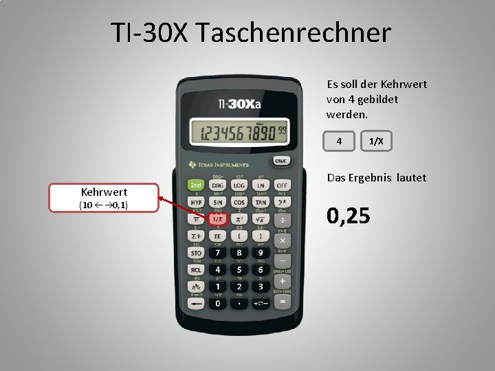 TI-30 X Taschenrechner Es soll der Kehrwert von 4 gebildet werden. 4 Kehrwert (10