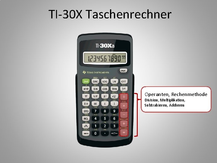 TI-30 X Taschenrechner Operanten, Rechenmethode Division, Multiplikation, Subtrahieren, Addieren 