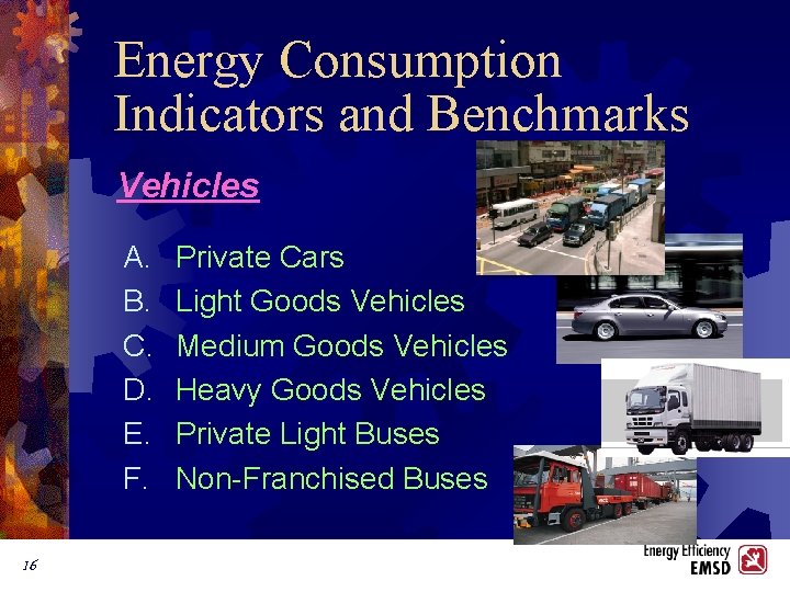 Energy Consumption Indicators and Benchmarks Vehicles A. B. C. D. E. F. 16 Private