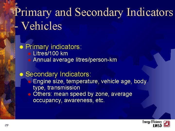 Primary and Secondary Indicators - Vehicles ® Primary indicators: ® Litres/100 km ® Annual