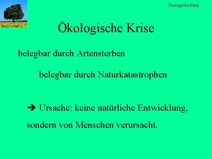 Ökologische Ethik Ökologische Krise belegbar durch Artensterben belegbar durch Naturkatastrophen Ursache: keine natürliche Entwicklung,