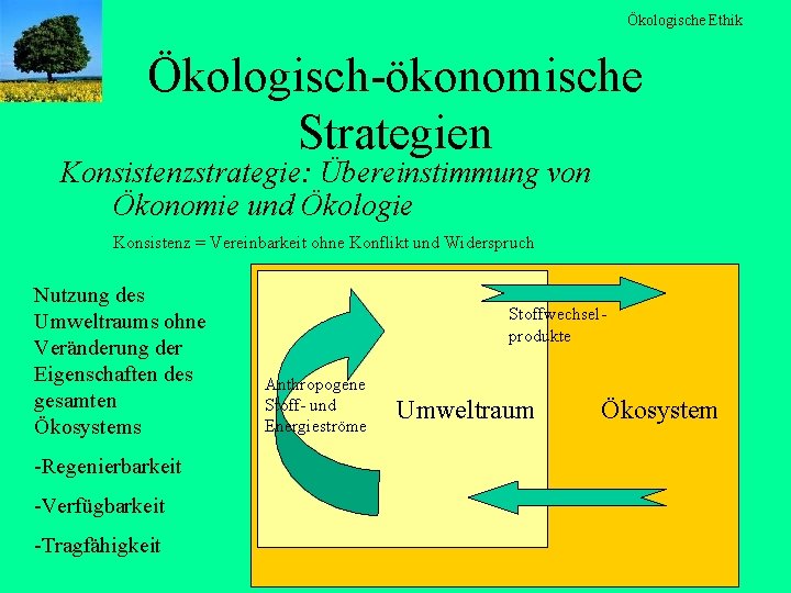 Ökologische Ethik Ökologisch-ökonomische Strategien Konsistenzstrategie: Übereinstimmung von Ökonomie und Ökologie Konsistenz = Vereinbarkeit ohne