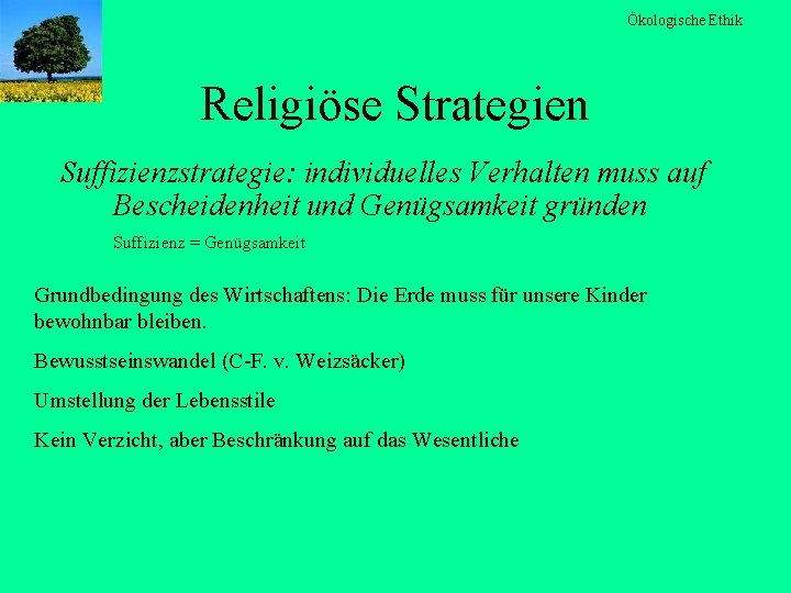 Ökologische Ethik Religiöse Strategien Suffizienzstrategie: individuelles Verhalten muss auf Bescheidenheit und Genügsamkeit gründen Suffizienz