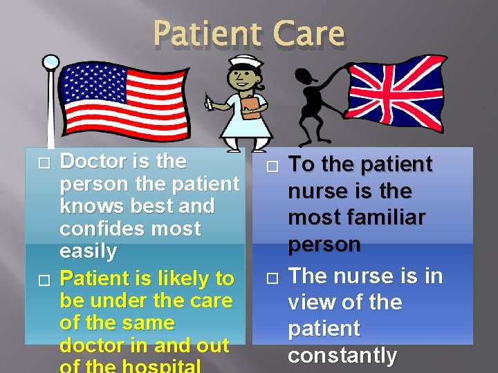 Patient Care � � Doctor is the person the patient knows best and confides