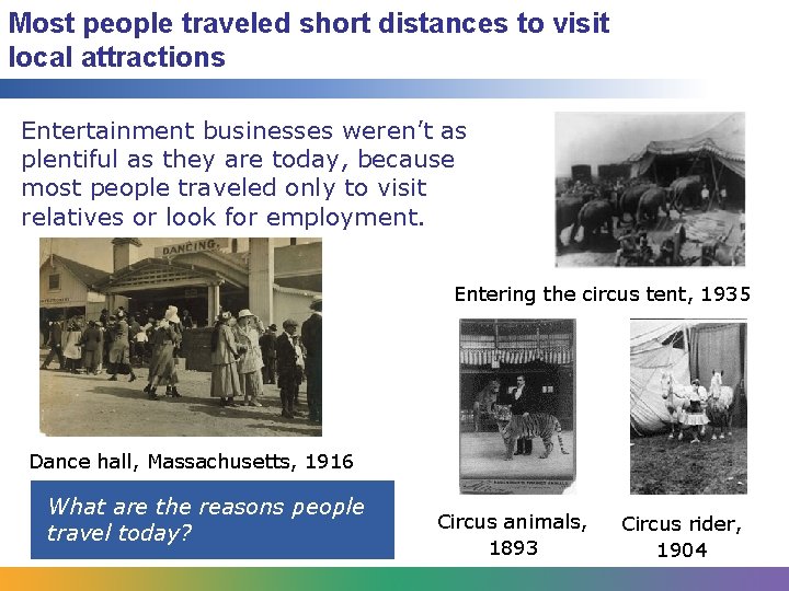 Most people traveled short distances to visit local attractions Entertainment businesses weren’t as plentiful Most people traveled short distances to visit local attractions Entertainment businesses weren’t as plentiful