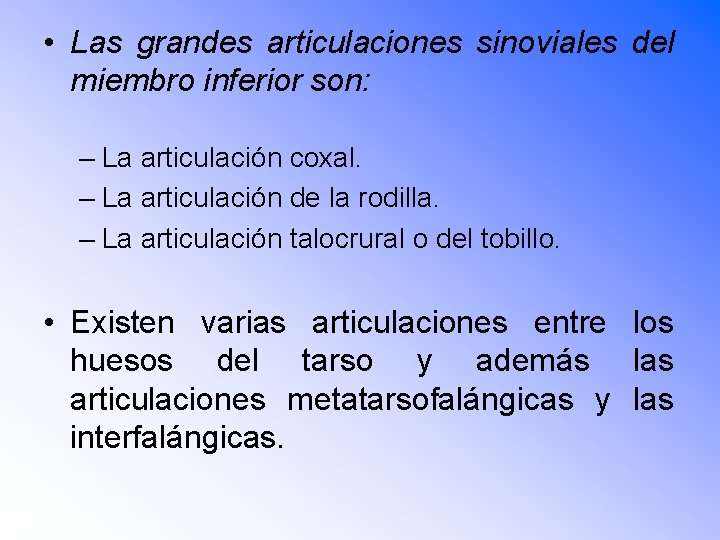  • Las grandes articulaciones sinoviales del miembro inferior son: – La articulación coxal.