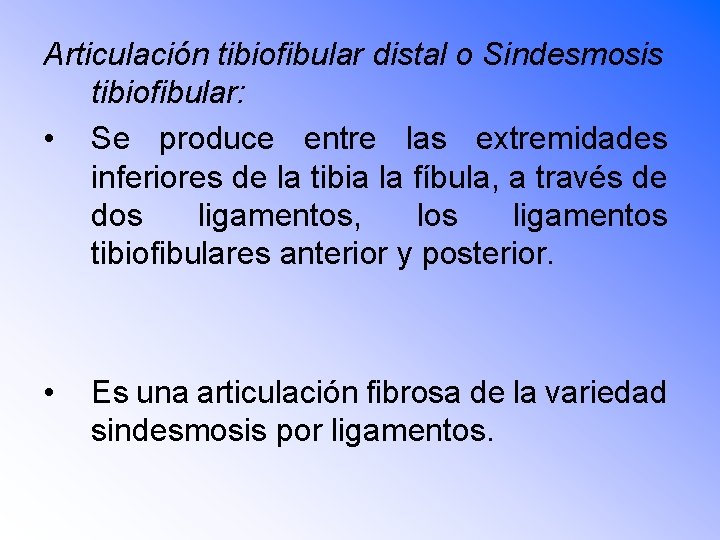 Articulación tibiofibular distal o Sindesmosis tibiofibular: • Se produce entre las extremidades inferiores de