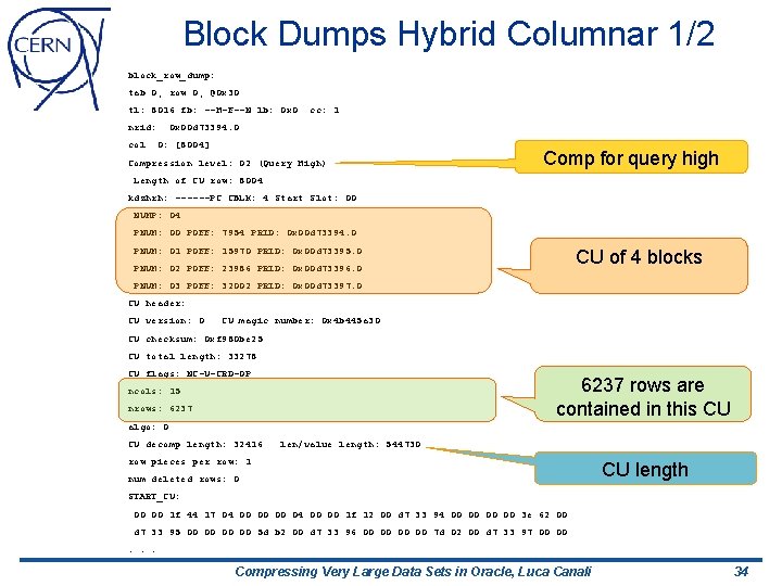 Block Dumps Hybrid Columnar 1/2 block_row_dump: tab 0, row 0, @0 x 30 tl: