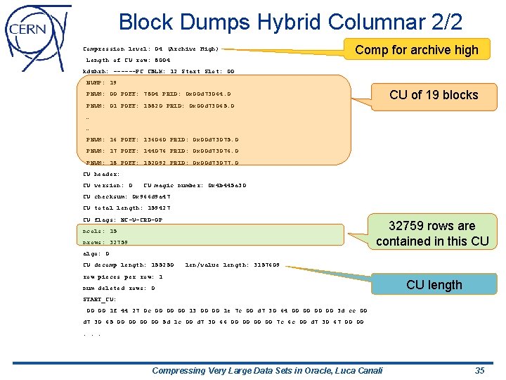 Block Dumps Hybrid Columnar 2/2 Compression level: 04 (Archive High) Length of CU row: