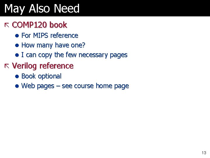 May Also Need ã COMP 120 book l For MIPS reference l How many May Also Need ã COMP 120 book l For MIPS reference l How many