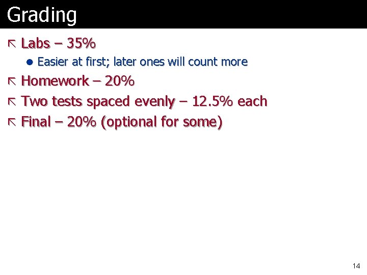 Grading ã Labs – 35% l Easier at first; later ones will count more Grading ã Labs – 35% l Easier at first; later ones will count more