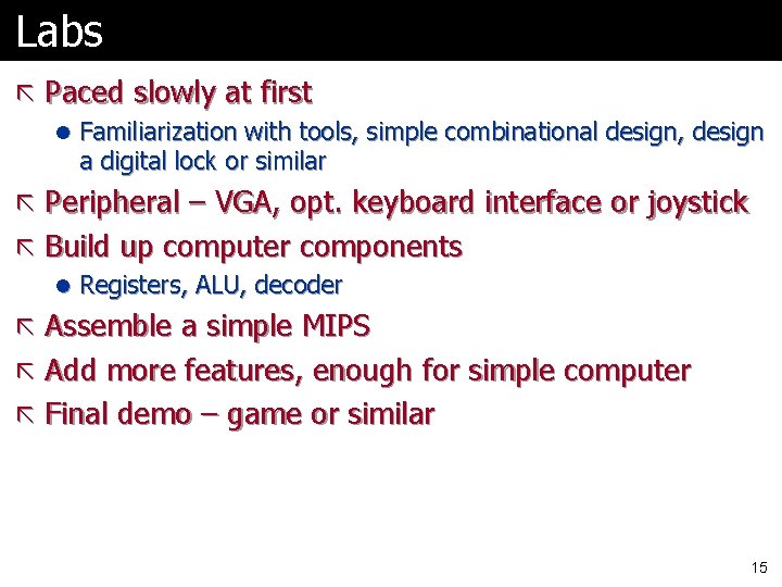 Labs ã Paced slowly at first l Familiarization with tools, simple combinational design, design Labs ã Paced slowly at first l Familiarization with tools, simple combinational design, design