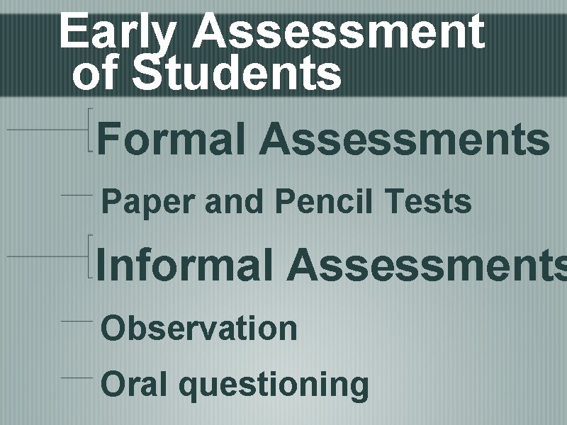 Early Assessment of Students Formal Assessments Paper and Pencil Tests Informal Assessments Observation Oral