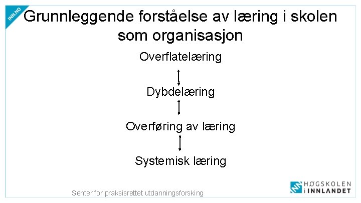 Grunnleggende forståelse av læring i skolen som organisasjon Overflatelæring Dybdelæring Overføring av læring Systemisk