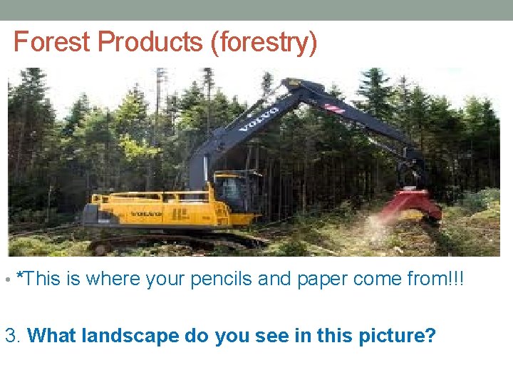 Forest Products (forestry) • *This is where your pencils and paper come from!!! 3.