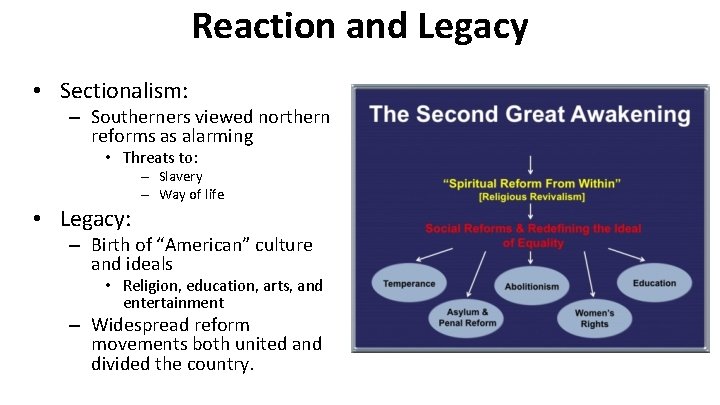 Reaction and Legacy • Sectionalism: – Southerners viewed northern reforms as alarming • Threats