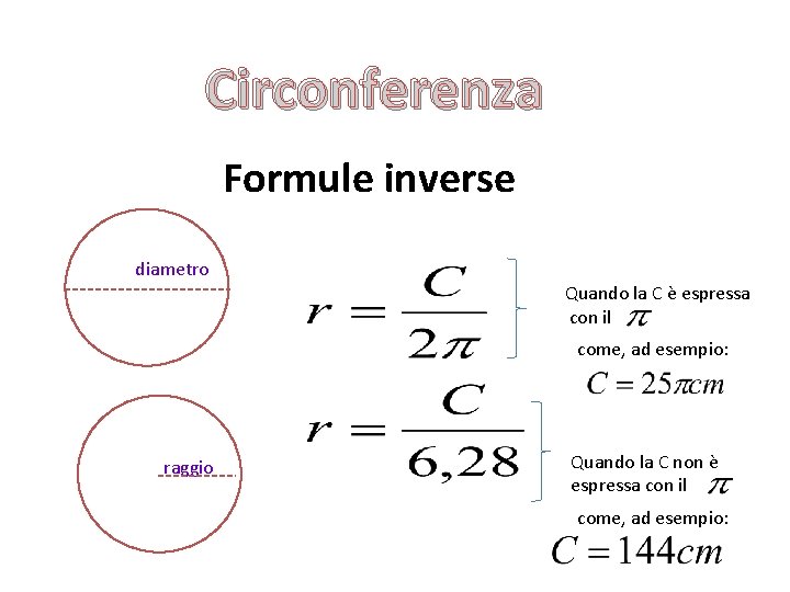 Circonferenza Formule inverse diametro Quando la C è espressa con il come, ad esempio: