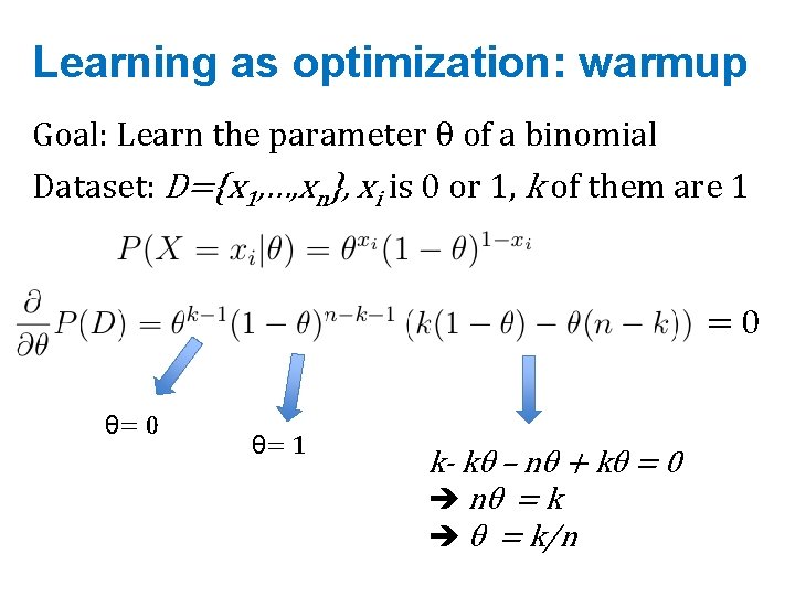Learning as optimization: warmup Goal: Learn the parameter θ of a binomial Dataset: D={x