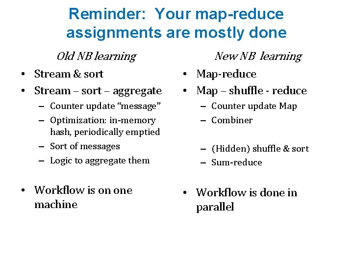 Reminder: Your map-reduce assignments are mostly done Old NB learning • Stream & sort