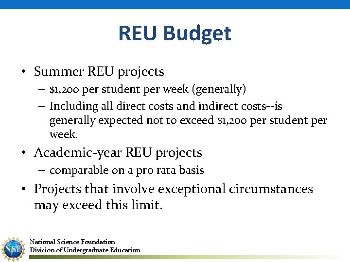 REU Budget • Summer REU projects – $1, 200 per student per week (generally)