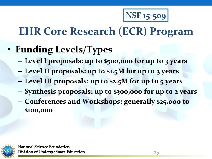 NSF 15 -509 EHR Core Research (ECR) Program • Funding Levels/Types – – –