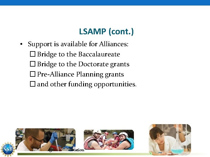 LSAMP (cont. ) • Support is available for Alliances: � Bridge to the Baccalaureate