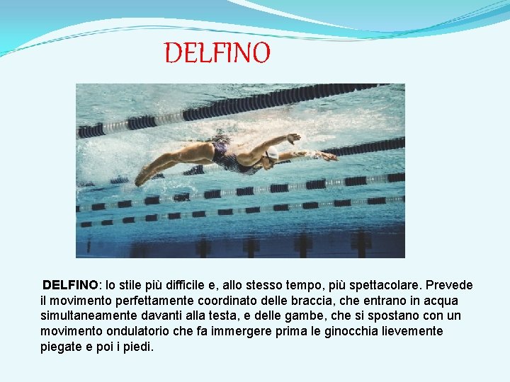 DELFINO: lo stile più difficile e, allo stesso tempo, più spettacolare. Prevede il movimento