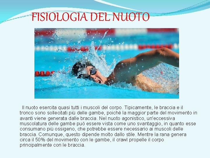 FISIOLOGIA DEL NUOTO Il nuoto esercita quasi tutti i muscoli del corpo. Tipicamente, le