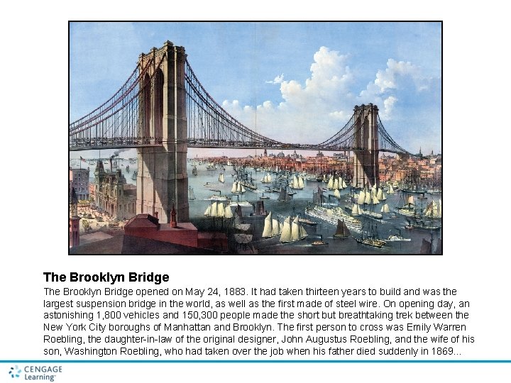 The Brooklyn Bridge opened on May 24, 1883. It had taken thirteen years to
