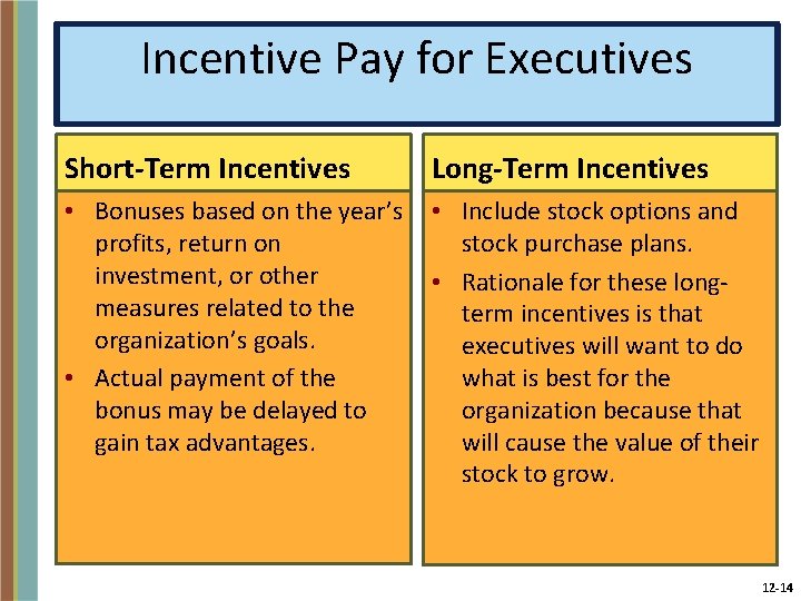 Incentive Pay for Executives Short-Term Incentives Long-Term Incentives • Bonuses based on the year’s