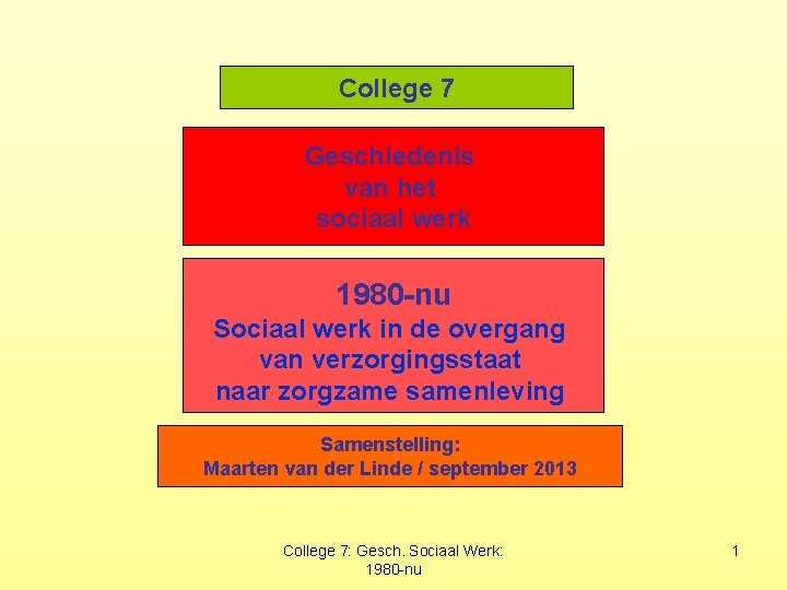 College 7 Geschiedenis van het sociaal werk 1980 -nu Sociaal werk in de overgang