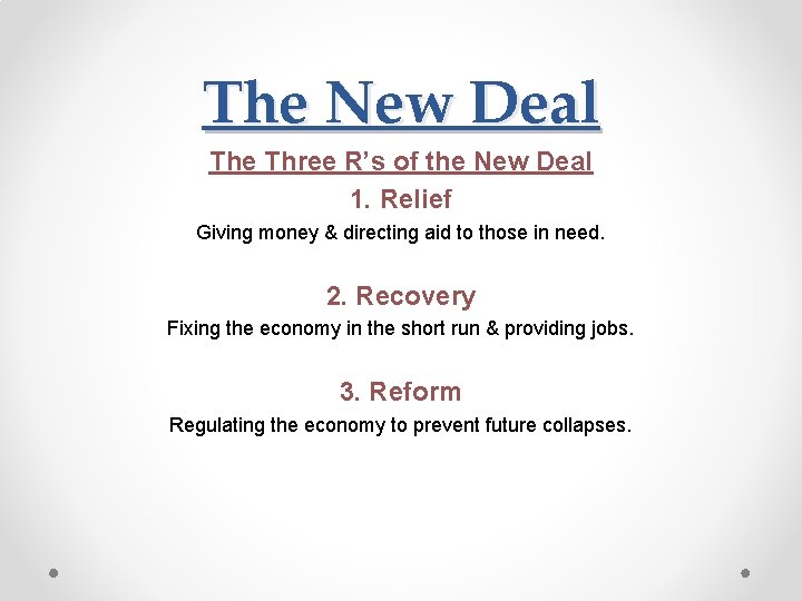 The New Deal The Three R’s of the New Deal 1. Relief Giving money The New Deal The Three R’s of the New Deal 1. Relief Giving money