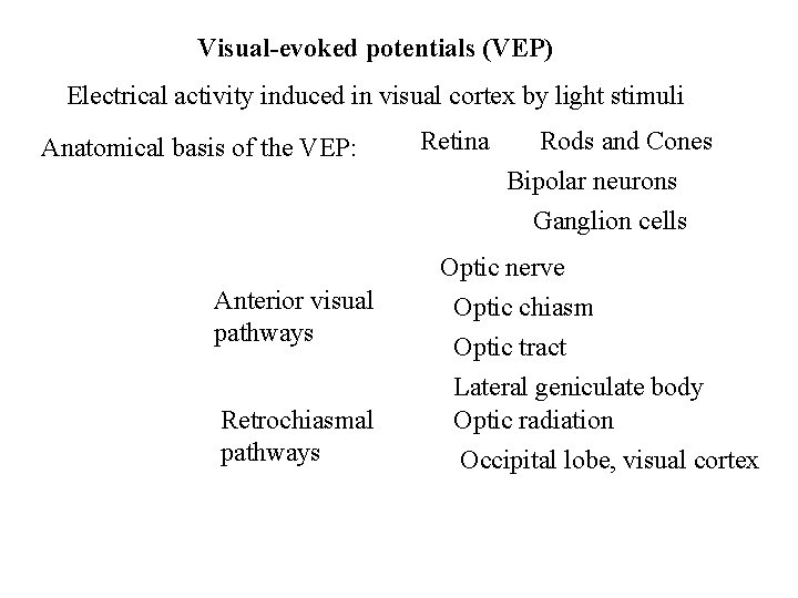 Visual-evoked potentials (VEP) Electrical activity induced in visual cortex by light stimuli Anatomical basis