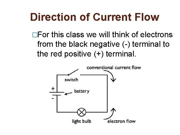 Direction of Current Flow �For this class we will think of electrons from the