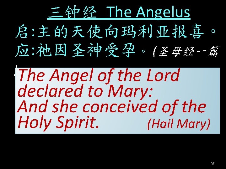三钟经 The Angelus 启: 主的天使向玛利亚报喜。 应: 祂因圣神受孕。 (圣母经一篇 ) The Angel of the Lord