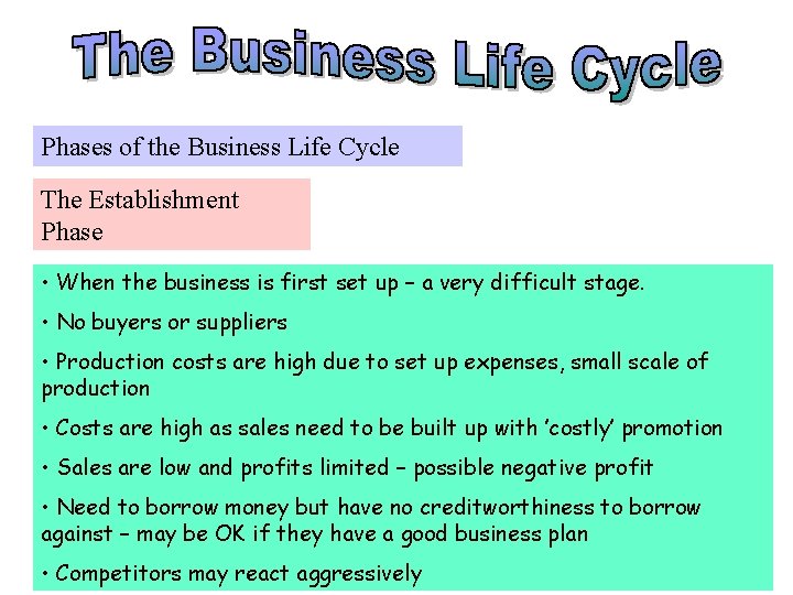 Phases of the Business Life Cycle The Establishment Phase • When the business is