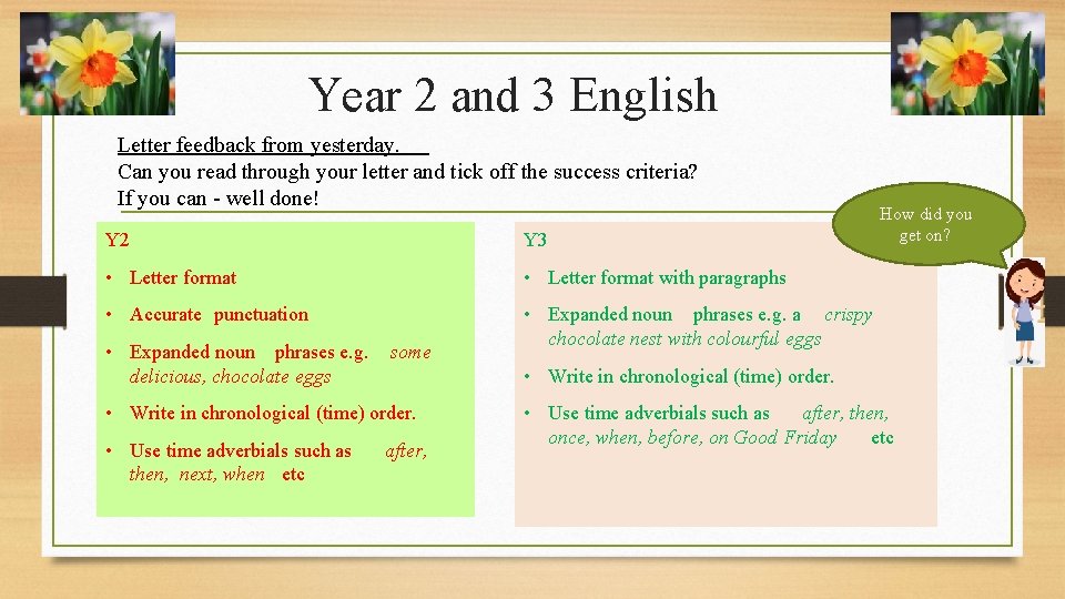 Year 2 and 3 English Letter feedback from yesterday. Can you read through your