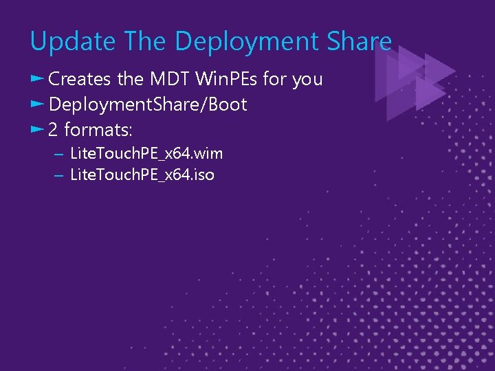 Update The Deployment Share ► Creates the MDT Win. PEs for you ► Deployment.