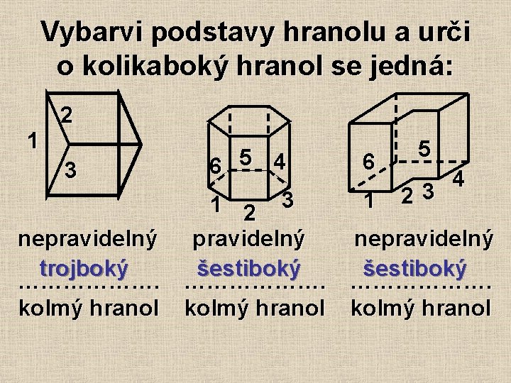 Vybarvi podstavy hranolu a urči o kolikaboký hranol se jedná: 1 2 5 5