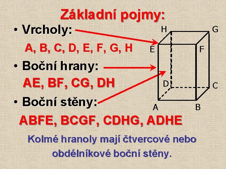 Základní pojmy: • Vrcholy: A, B, C, D, E, F, G, H H G