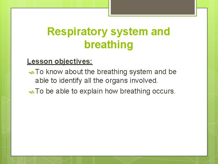 Respiratory system and breathing Lesson objectives: To know about the breathing system and be