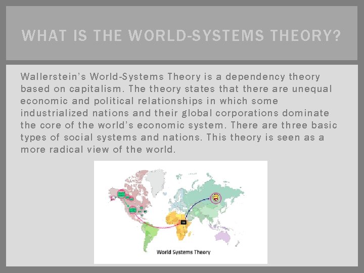 WHAT IS THE WORLD-SYSTEMS THEORY? Wallerstein’s World-Systems Theory is a dependency theory based on