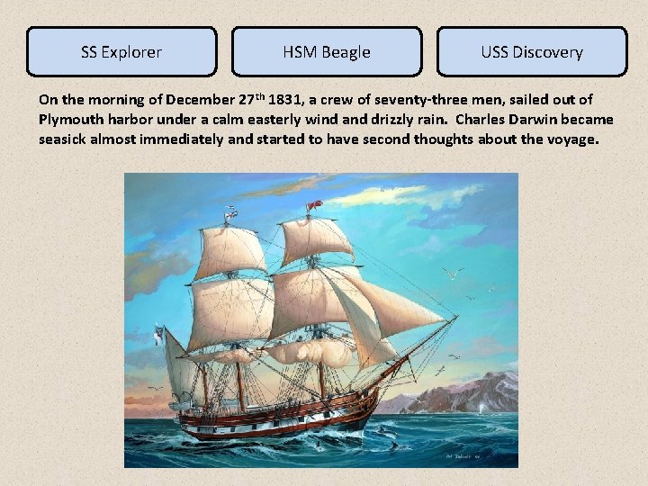 SS Explorer HSM Beagle USS Discovery On the morning of December 27 th 1831,