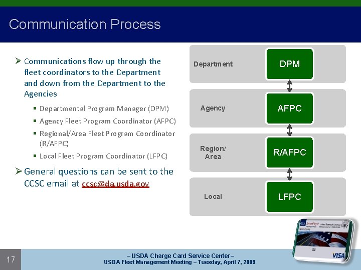 Communication Process Ø Communications flow up through the fleet coordinators to the Department and